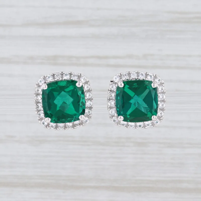 Personalized Charm Earrings-New Synthetic Emerald Synthetic White Sapphire Halo Stud Earrings 14k White Gold