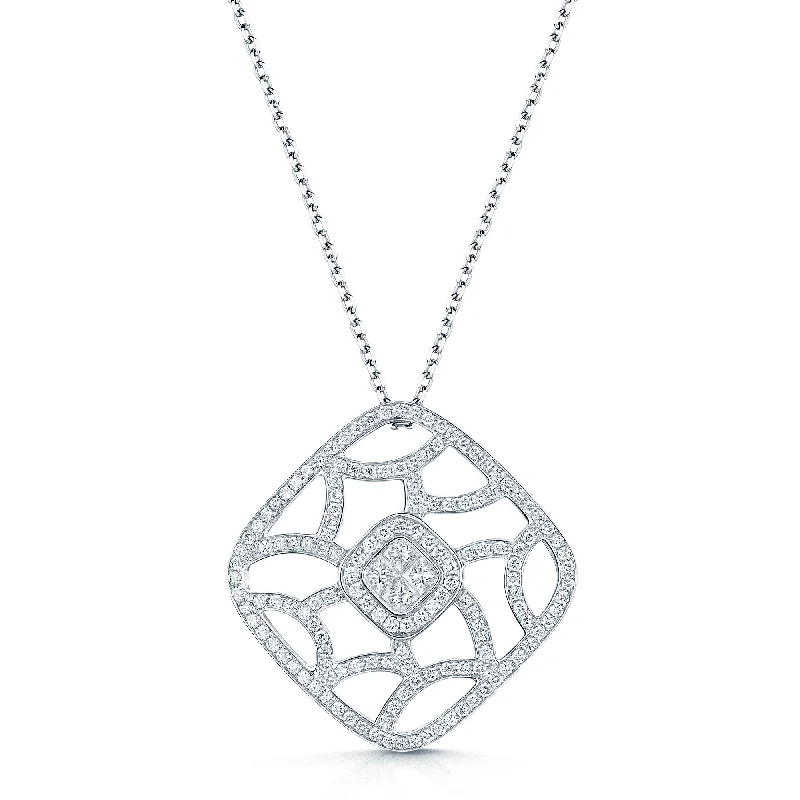 Designer Silver Necklace for Fashion Lovers-18ct White Gold Princess & Round Brilliant Cut Diamond Pave Set Open Work Square Pendant