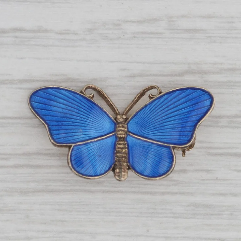 Gold Brooch With Diamonds-Vintage Guilloche Enamel Butterfly Brooch Sterling Silver Gold Gilt Norway Pin