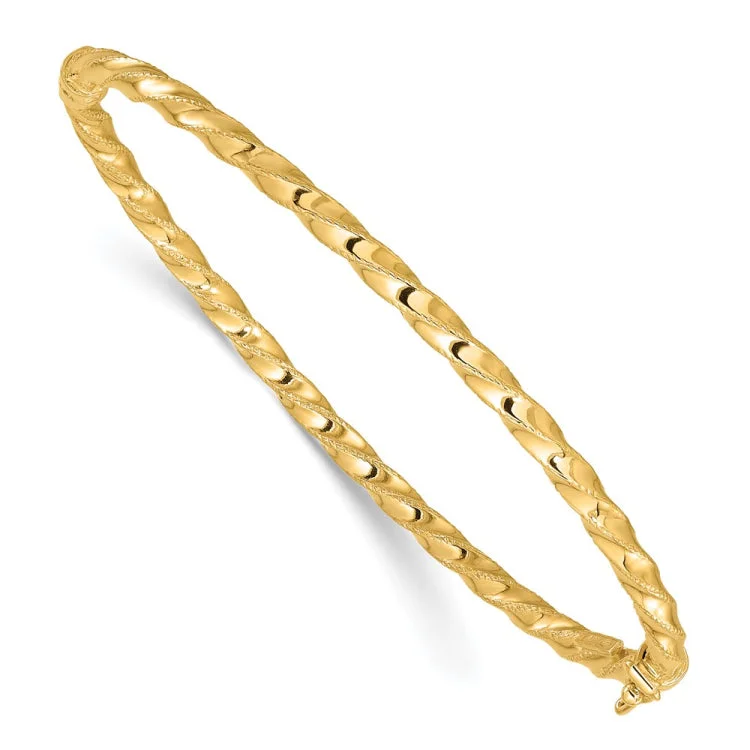 Simple Gold Bangles with Elegant Engraving-14K Gold Twisted 3.20mm Hinged Bangle