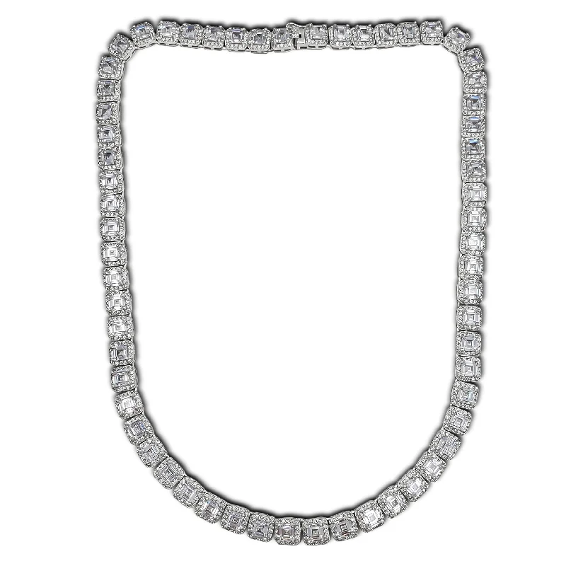 Long Pearl Necklace for Weddings-Zirconia Square Radiant-Cut Tennis Necklace (Silver)