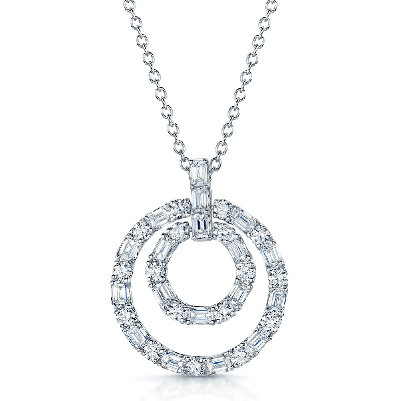 Simple Diamond Necklace for Special Occasions-18ct White Gold Baguette and Round Brilliant Cut Diamond Double Circle Pendant