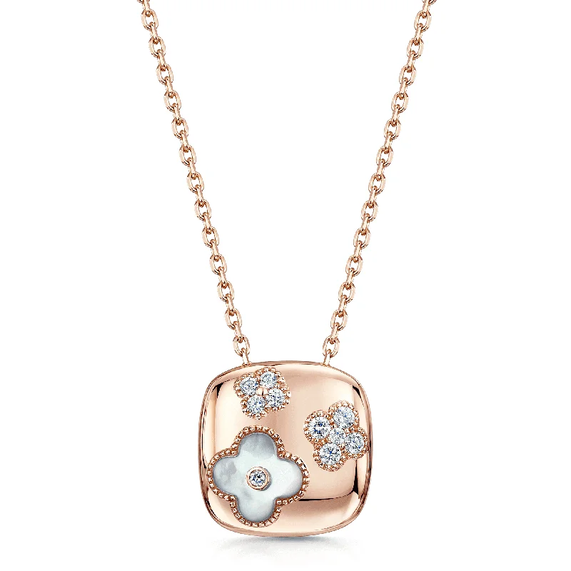 Layered Gold Necklace with Personalized Charms-18ct Rose Gold Square Flower Pendant With Diamonds and Mother Of Pearl Flower