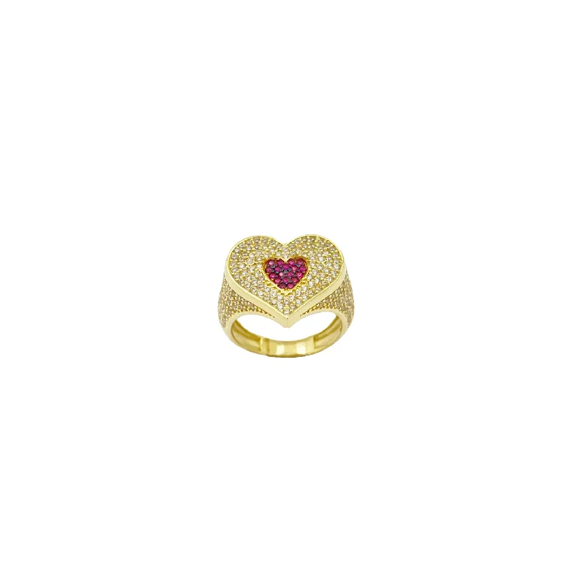 Classic Gold Ring for Engagement with Round Diamond-Pink Red Heart CZ Ring (14K)