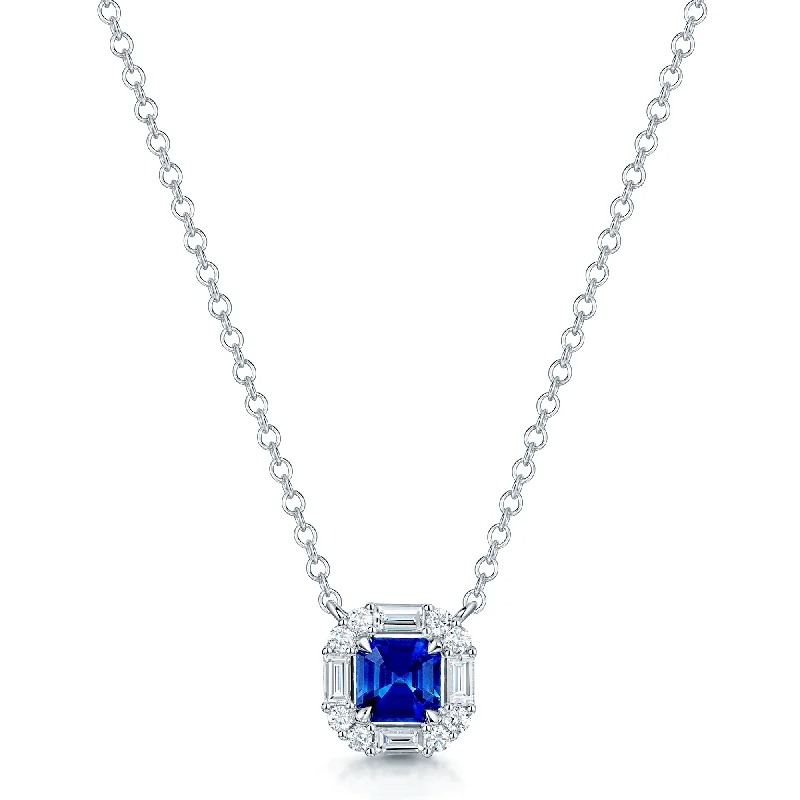 Designer Necklace with Colored Gemstones-18ct White Gold Cushion Cut Sapphire And Diamond Halo Surround Pendant