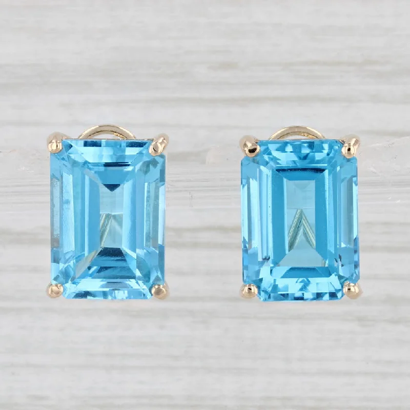 Heart Shaped Gold Earrings-20.50ctw Blue Topaz Drop Earrings 14k Gold Emerald Cut Solitaires Omega Backs