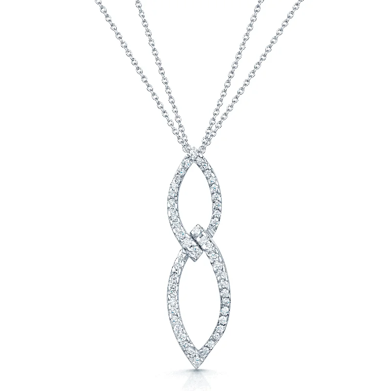 Bold Gold Necklace for Evening Wear-18ct White Gold Round Brilliant Cut Diamond Double loop Pendant In A Marquise Shape