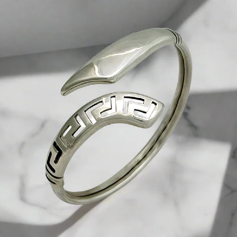 Simple Customizable Silver Bangles for Casual Style-Greek Key Meander Bangle in Sterling Silver with zircon (B-64)