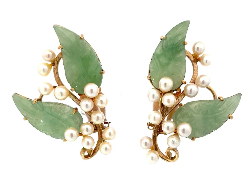 Unique Geometric Earrings for Women-Mings Akoya Pearl and Green Jade Leaf Clip on Earrings 14K Yellow Gold