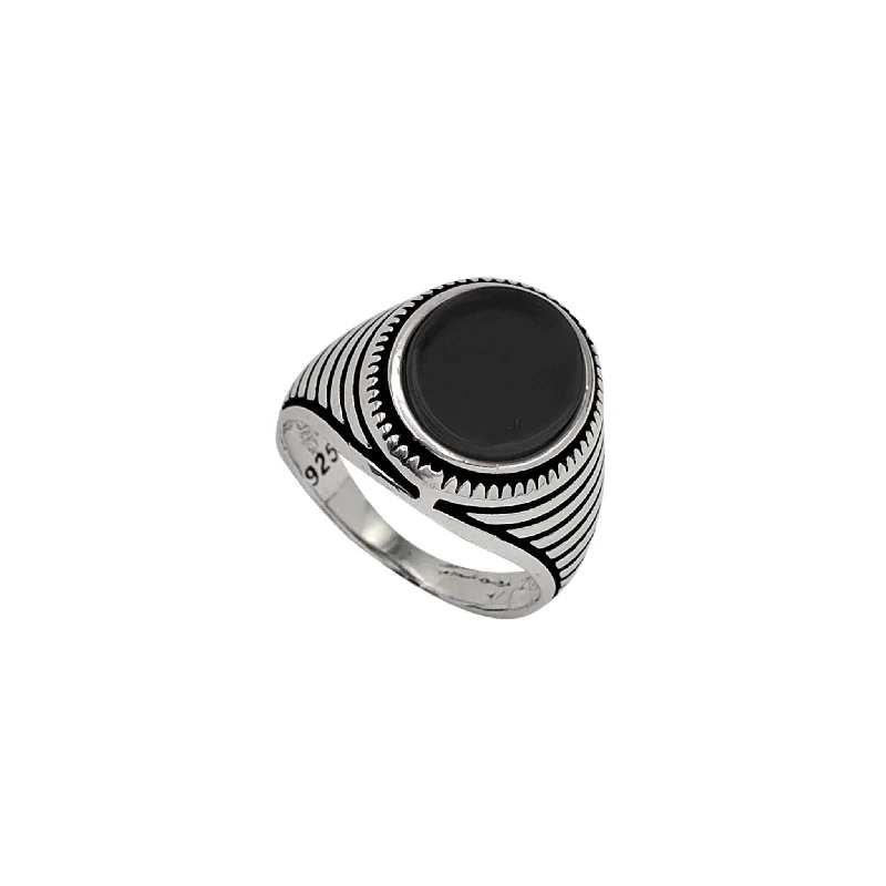 Custom Birthstone Ring for Bridesmaids Gifts-Antique-Finish Ridged Oval Black Onyx Men's Ring (Silver)