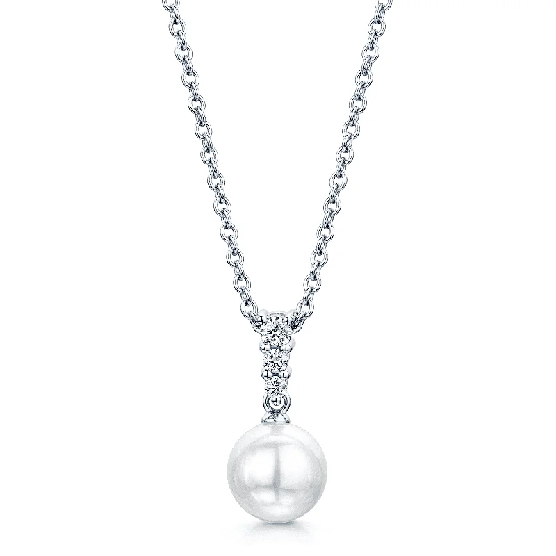 Elegant Long Necklace with Crystal Pendants-18ct White Gold Diamond & Akoya Pearl Morning Dew Pendant