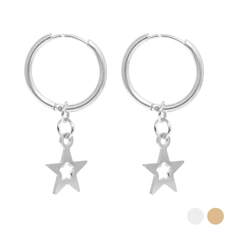 Luxury Gemstone Earrings for Weddings-18K Gold PVD Stainless Steel Star Pendant Hoop Earrings / ERJ0037