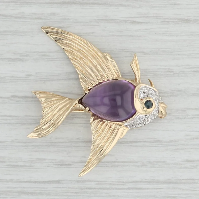 Brooch For Contemporary Fashion-6.80ctw Amethyst Diamond Sapphire Angel Fish Brooch 14k Gold Statement Pin