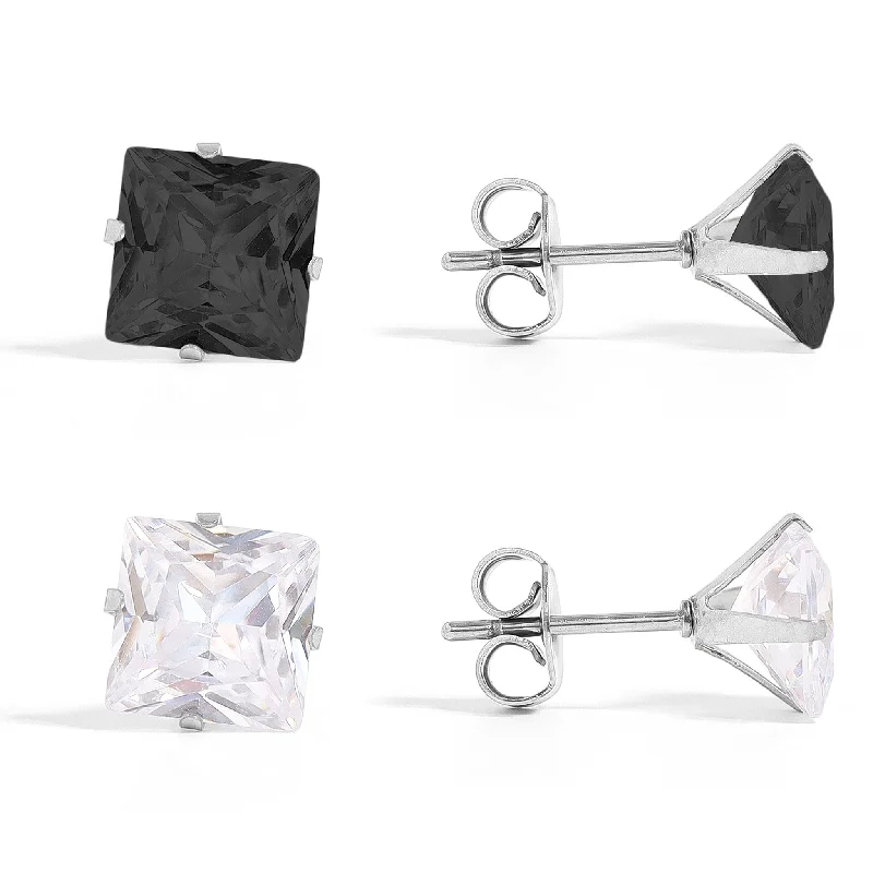 Elegant Long Earrings for Formal Wear-Stainless Steel Clear/Black Square CZ Stud Earrings / ERJ3160