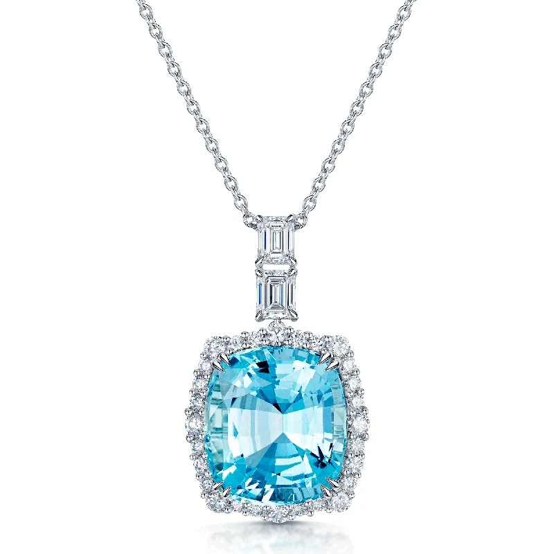 Long Gemstone Necklace for Special Occasions-18ct White Gold Aquamarine & Diamond Pendant