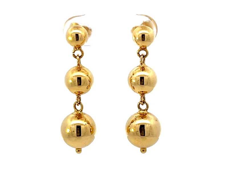 Silver Earrings with Colorful Stones-Triple Round Bead Drop Dangly 18k Solid Gold Earrings