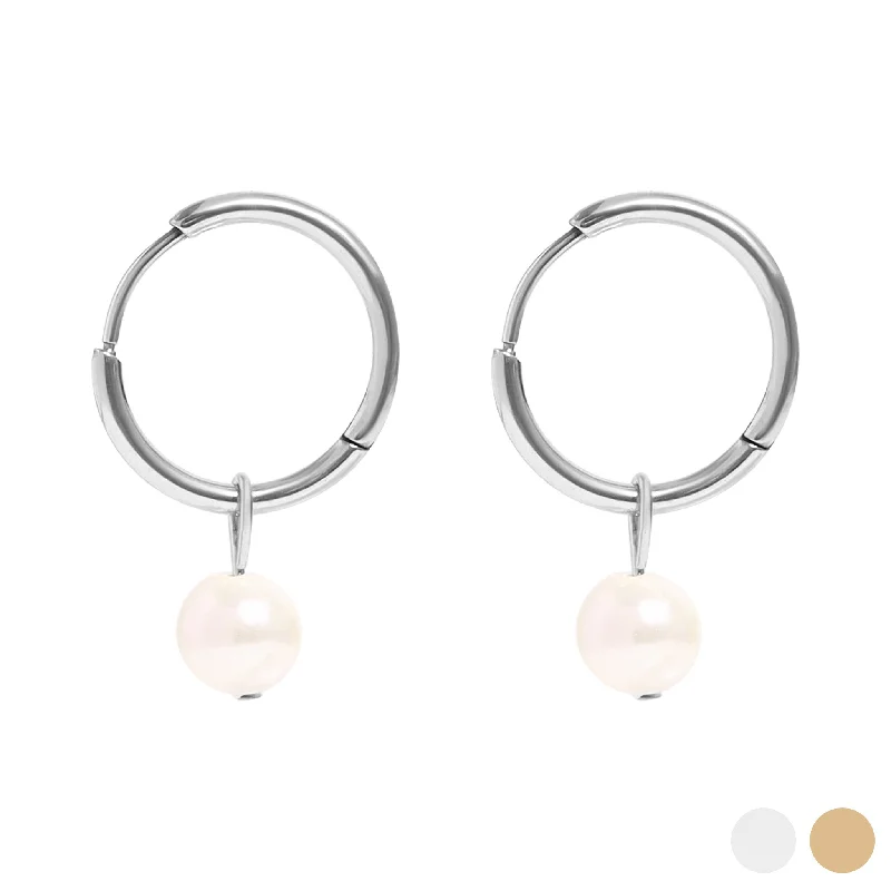 Gemstone Stud Earrings for Formal Occasions-18K Gold PVD Stainless Steel Pearl Charm Huggie Hoop Earrings / ERJ0027