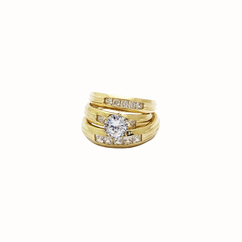 Trendy Wedding Ring with Hammered Finish-Square-Cut Zirconia Engagement Ring Set (14K)