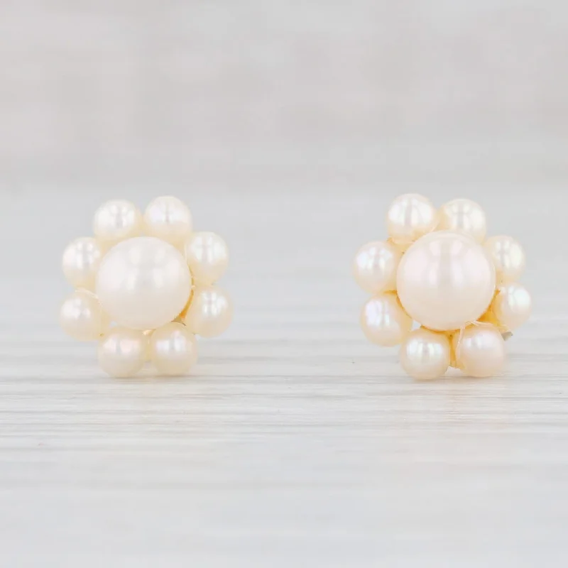 Custom Monogram Earrings-Cultured Pearl Halo Stud Earrings 10k Yellow Gold Pierced Studs