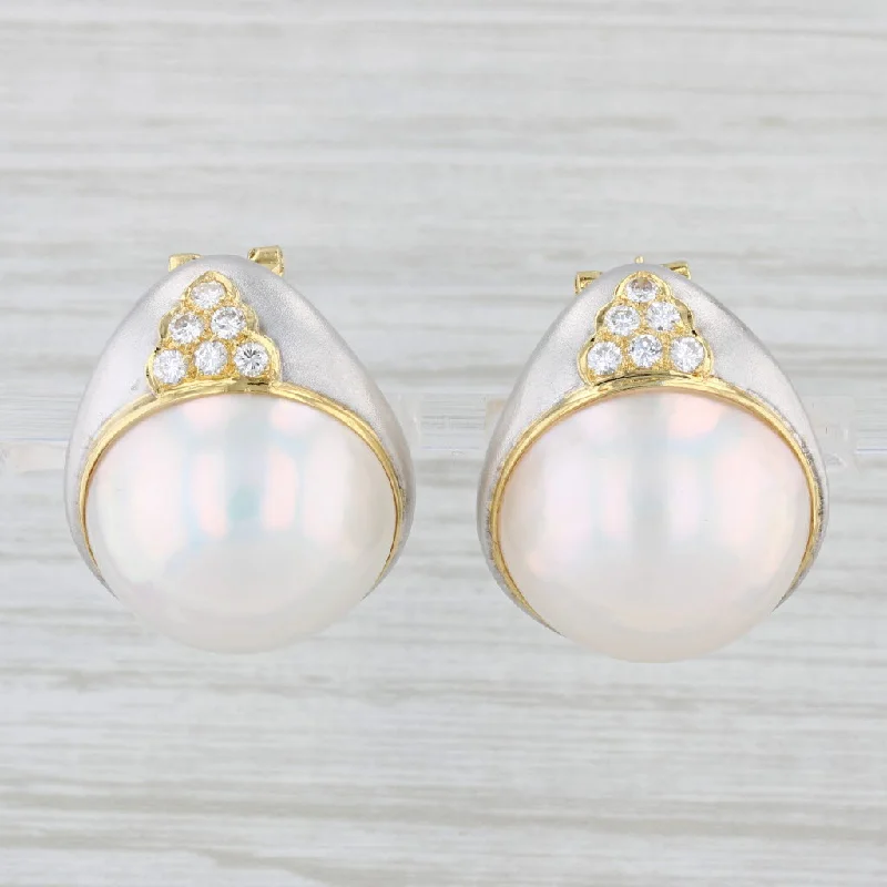 Luxury Gold Drop Earrings-0.60ctw Diamond Mabe Pearl Statement Earrings 18k Gold Pierced Omega Backs