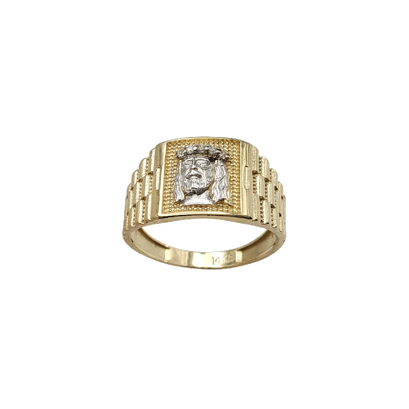 Designer Wedding Ring Set with Diamonds-Two-Tone Jesus Emblem Ring (14K)