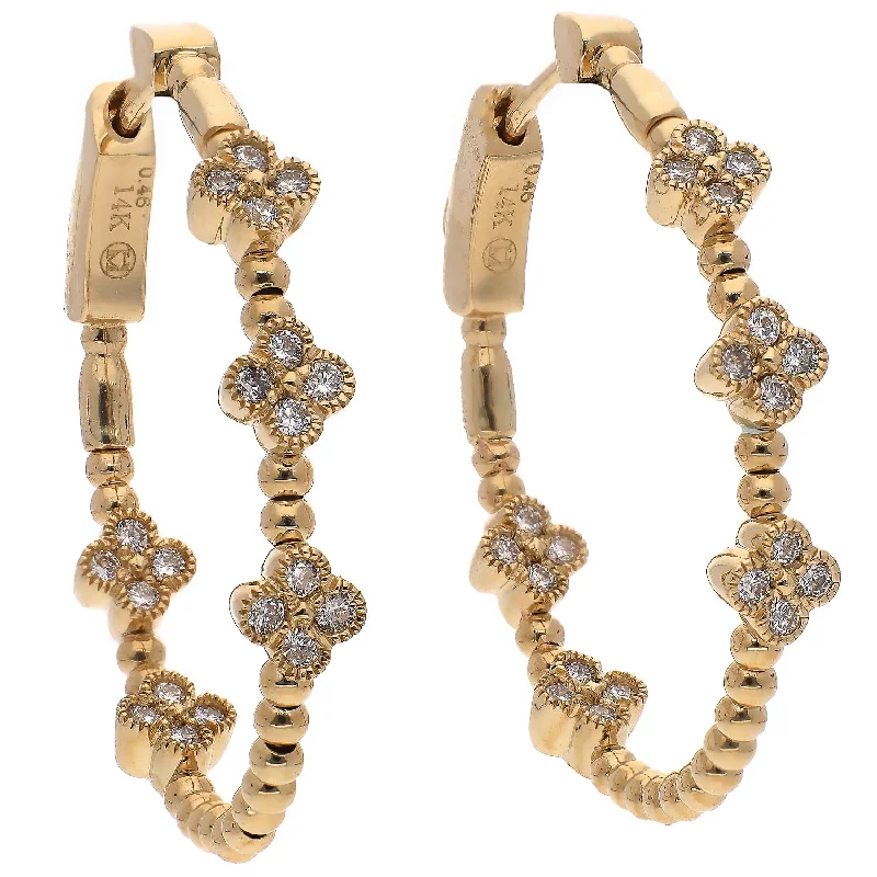 Simple Silver Drop Earrings-14K Yellow Gold Diamond Quatrefoil Hoop Earrings