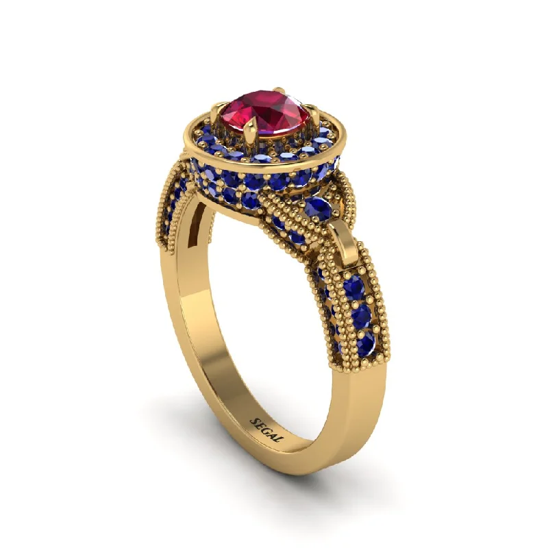 Elegant Ring with Diamond Halo and Sapphire Center-Ruby Double Halo Handmade Engagement Ring - Gracelyn No. 70