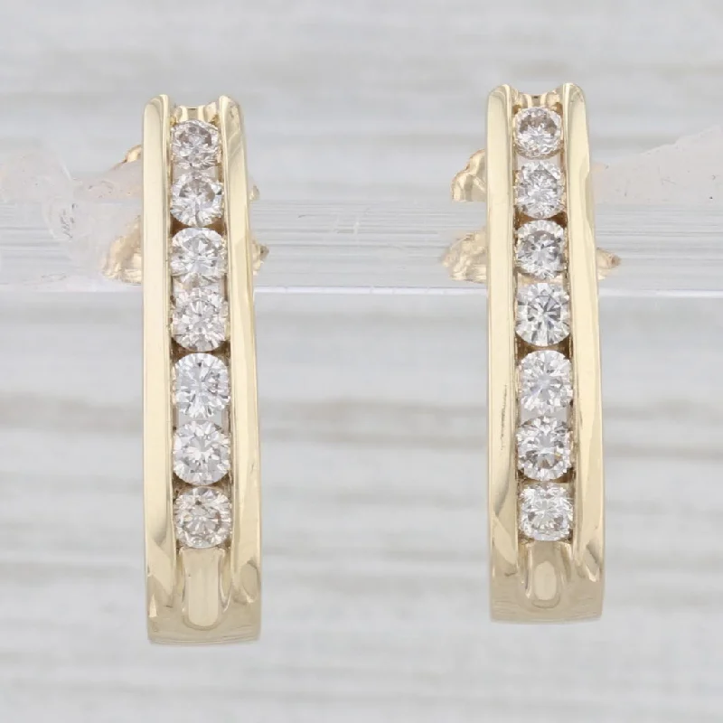 Gold Bar Earrings for Minimalist Style-0.98ctw Diamond J-Hook Earrings 10k Yellow Gold Journey Drops