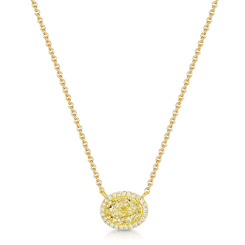 Simple Silver Pendant Necklace for Women-18ct Yellow Gold Oval Cut Yellow Diamond Halo Pendant