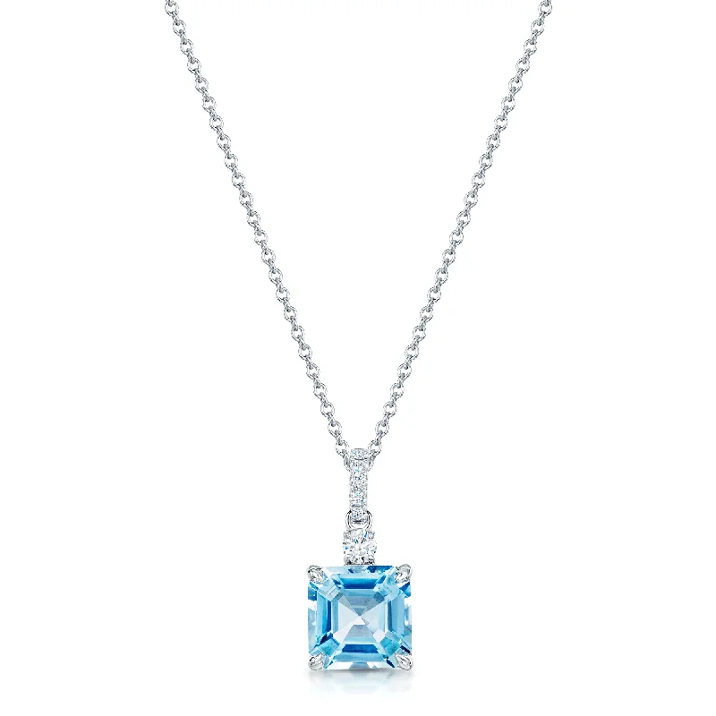 Designer Silver Necklace for Fashion Lovers-18ct White Gold Square Cut Aquamarine And Diamond Pendant