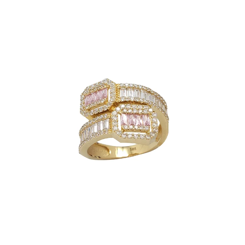 Unique Men’s Ring with Engraving for Personal Touch-Icy Pink Baguettes & Round Bypass Ring (14K)