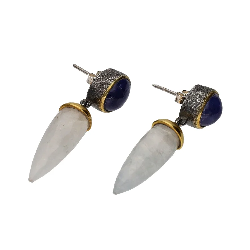 Antique Gold Earrings-Bora Jewelry of Brooklyn Sterling Silver & Bronze Cabochon Tanzanite & White Quartz Briolettes Drop Earrings