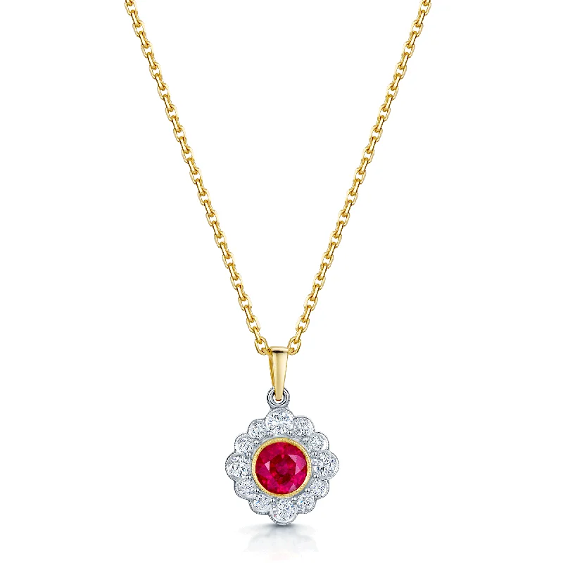 Unique Gold Necklace with Engraving-18ct Yellow And White Gold Ruby And Diamond Cluster Pendant