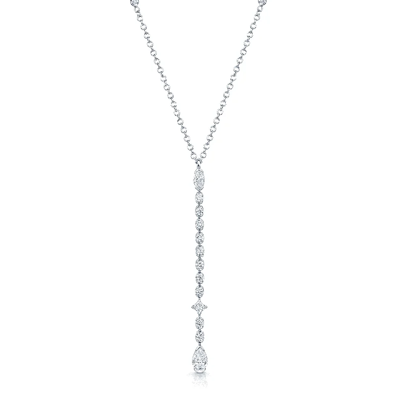 Bohemian Stone Necklace with Silver Details-18ct White Gold Pear, Princess, Marquise And Round Brilliant Cut Diamond Long Drop Pendant