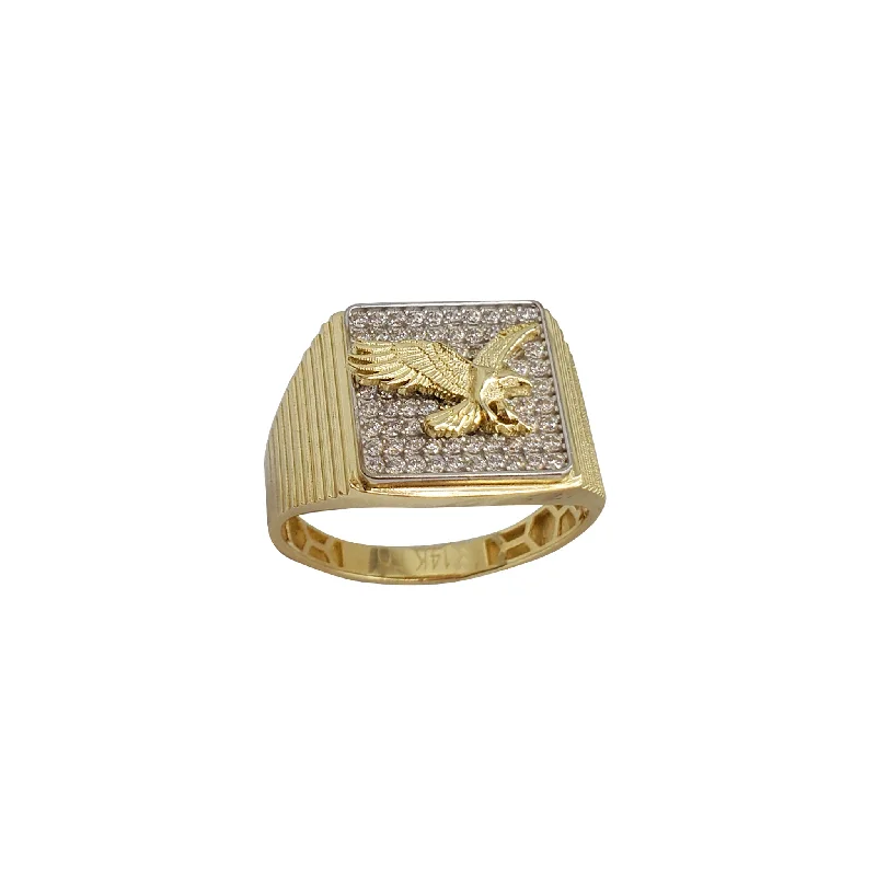 Personalized Birthstone Ring for Mother’s Day-Zirconia Two-Tone Ridged Flying Eagle Ring (14K)