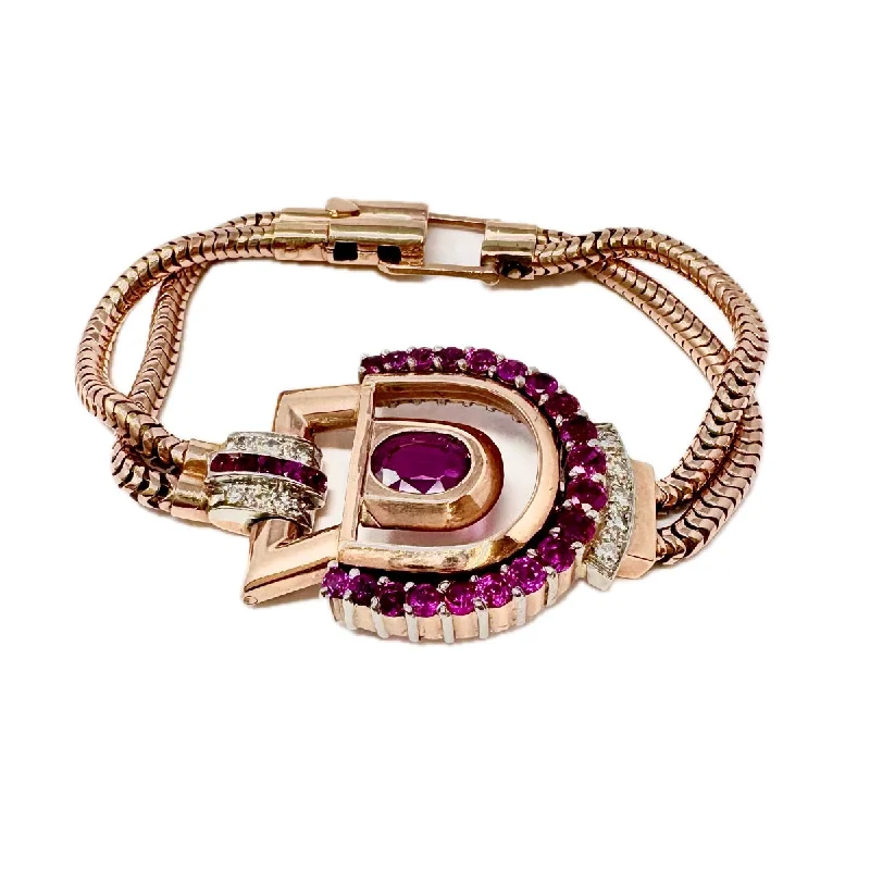 Simple Gold Bracelet with Geometric Accents-Ruby and Diamond Bracelet