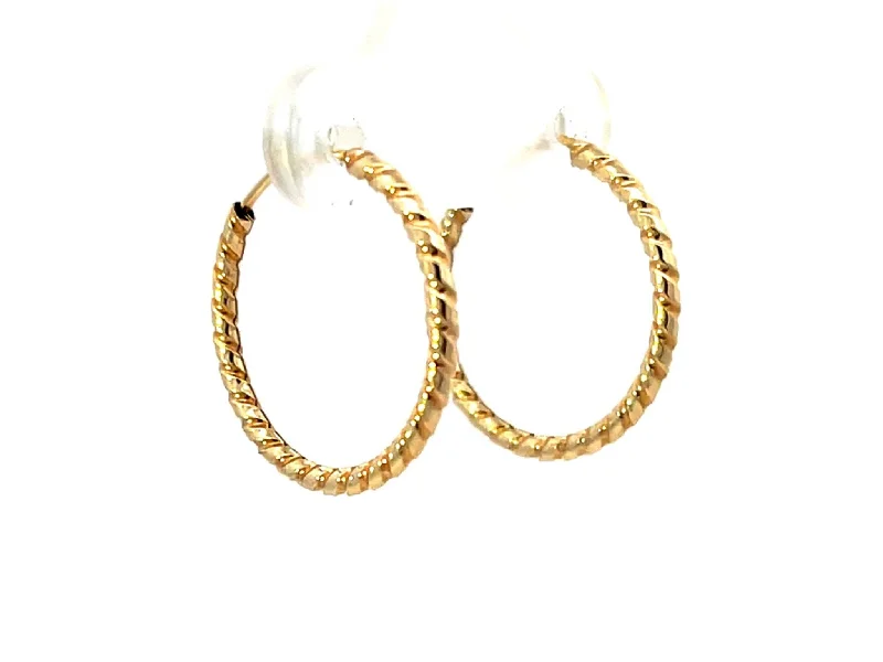 Fashionable Silver Hoop Earrings-Solid 14K Yellow Gold Swirl Hoop Earrings