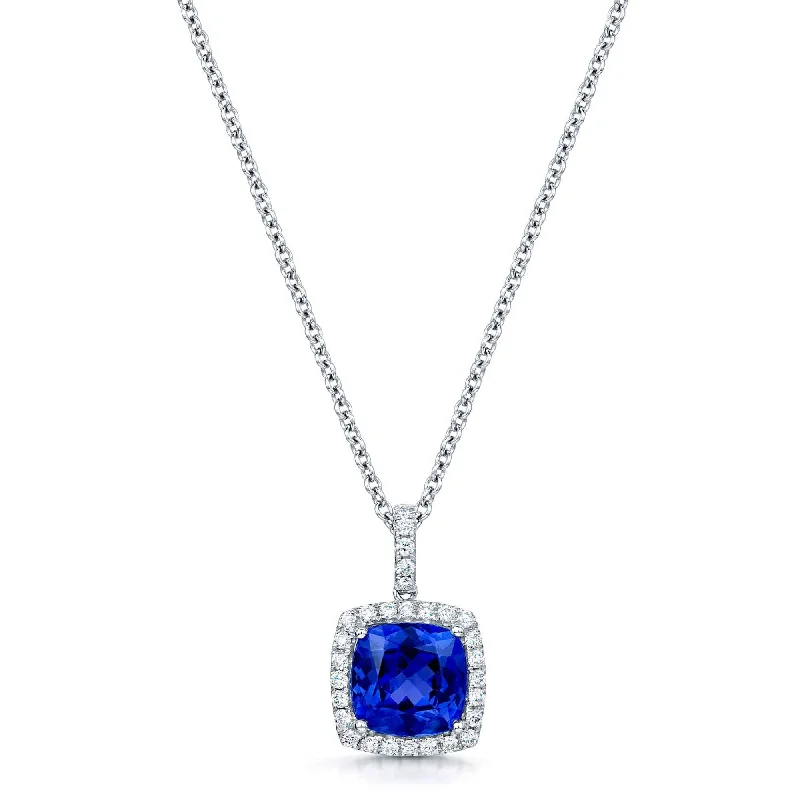 Custom Silver Name Necklace for Bridesmaids-18ct White Gold Cushion Cut Tanzanite And Diamond Halo Pendant With A Diamond Bale