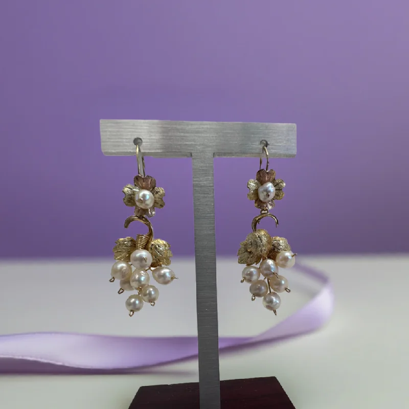 Vintage Style Dangle Earrings-Handcrafted Grape Leaf Pearl Earrings