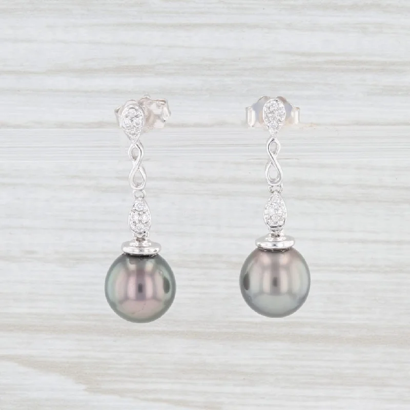 Personalized Wedding Earrings-Cultured Black Pearl Diamond Dangle Earrings 14k White Gold Pierced Drops