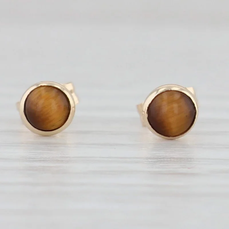 Handmade Gold Earrings for Brides-New Brown Tiger's Eye Stud Earrings 14k Yellow Gold Round Cabochons