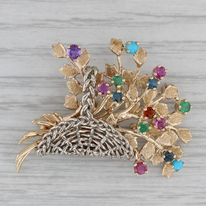 Retro Brooch With Floral Design-Multistone Emerald Ruby Sapphire 14k Yellow Gold Flower Basket Brooch