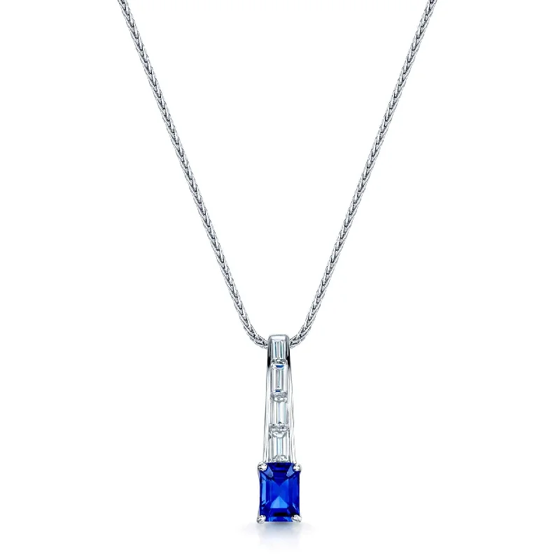 Designer Gold Necklace for Bridesmaids-18ct White Gold Rectangular Sapphire & Baguette Cut Diamond Pendant