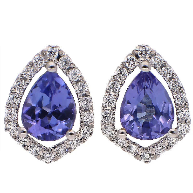 Trendy Silver Earrings for Women-14K White Gold Tanzanite and Diamond Stud Earrings