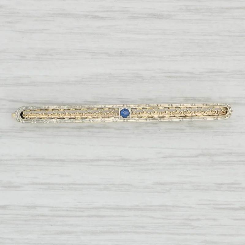 Handcrafted Gold Brooch-Lab Created Sapphire Bar Pin Brooch 10k 14k Gold Platinum Vintage Filigree