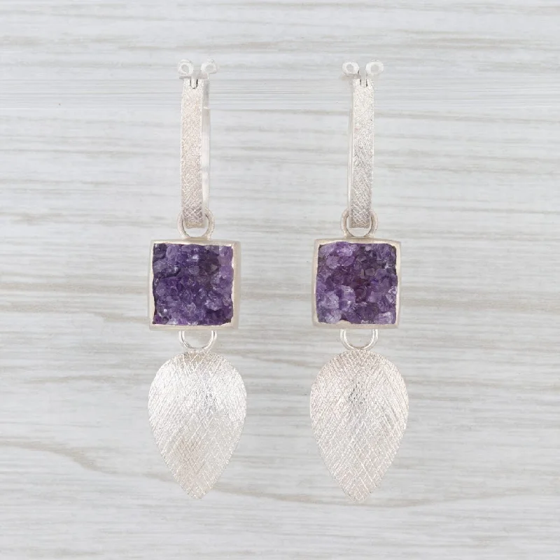 Classic Silver Drop Earrings-New Nina Nguyen Hoop Earrings Sterling Silver Amethyst Druzy Charms