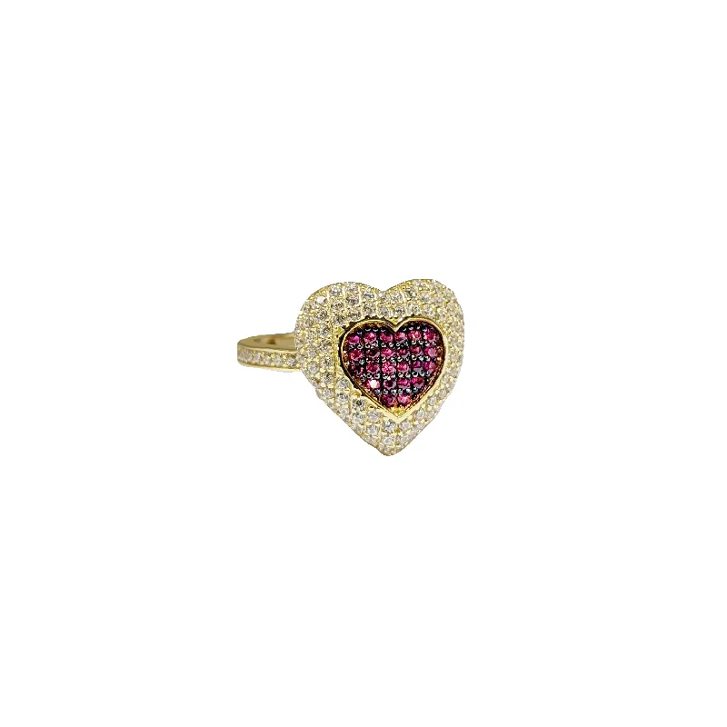 Simple Silver Ring with Sapphire Accent for Anniversary-Red Pink Puffy Pave Heart Ring (14K)