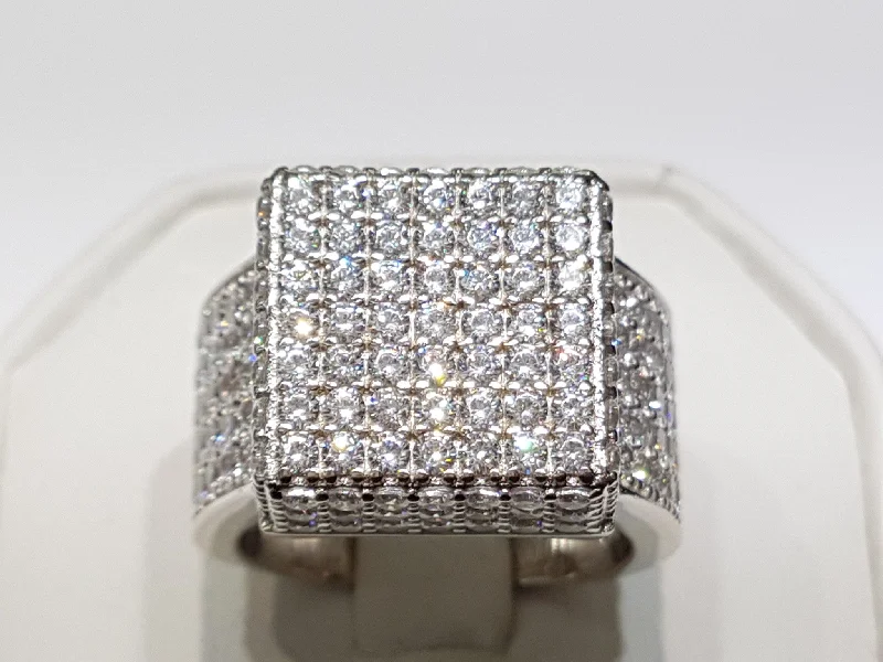 Classic Ring Set for Engagement and Wedding-Iced-Out Pave Square Ring (Silver)