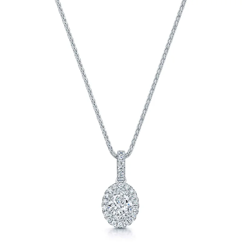 Layered Gold Necklace with Personalized Charms-18ct White Gold Oval GIA Certificated Single Stone Diamond Halo Pendant With Diamond Bale