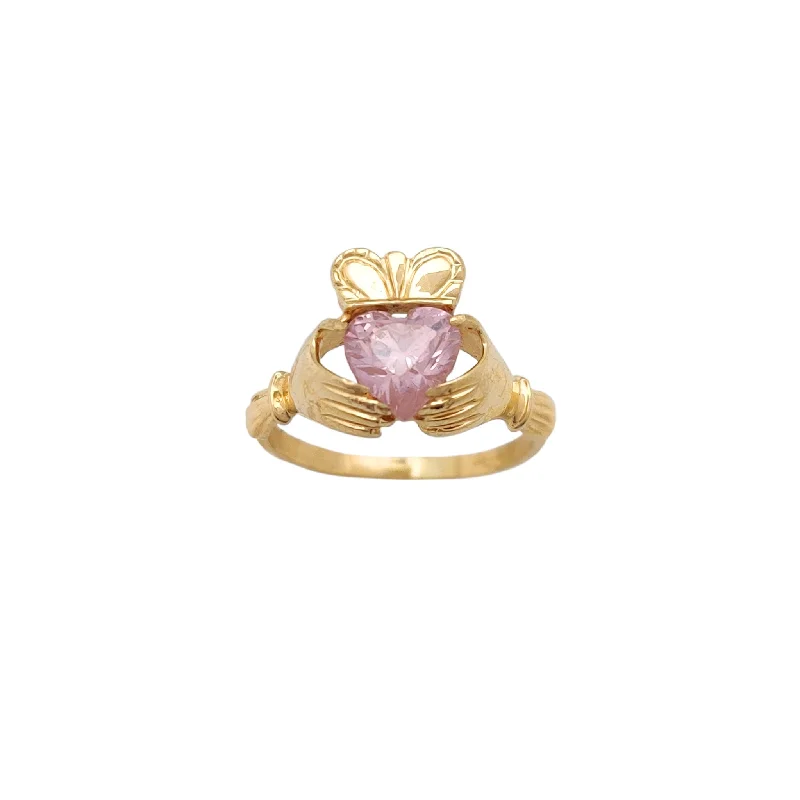 Unique Sapphire Engagement Ring with Halo Design-Pink Stone Claddagh Ring (14K)